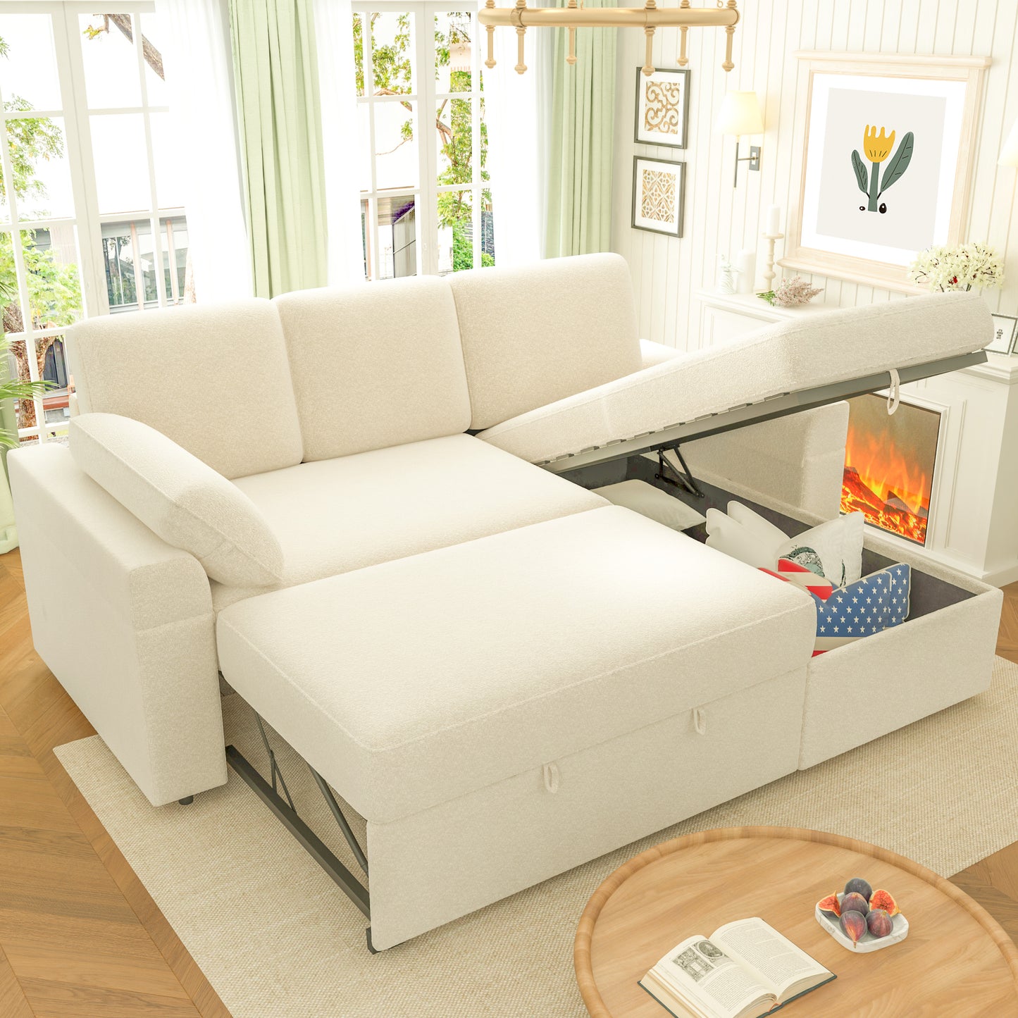 VANACC 91" Sectional Sofa with Storage and 3 Seat,Reversible Pull Out Couch for Living Room