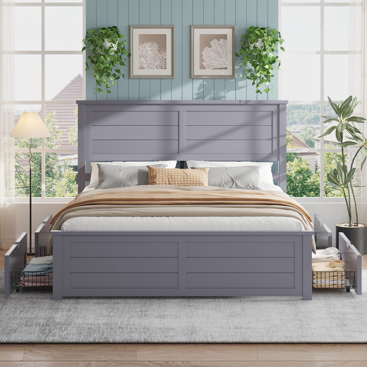 VANACC Farmhouse Bed Frame with Headboard and 4 Storage Drawers, Solid Wood Barn Door Platform Bed with Wood Slats, Heavy Duty Mattress Foundation, Non-Slip & Noise-Free