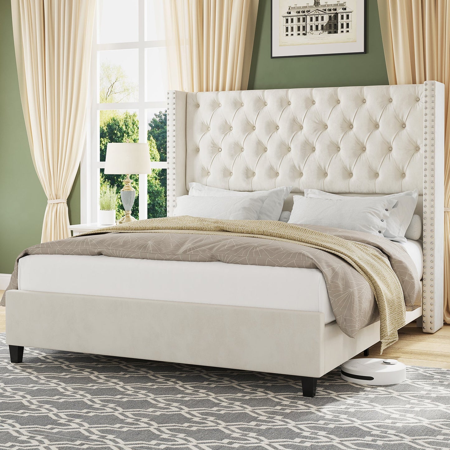 Merluxy Bed Frame with Deep Button Tufted and Velvet Wingback Headboard,No Box Spring Needed