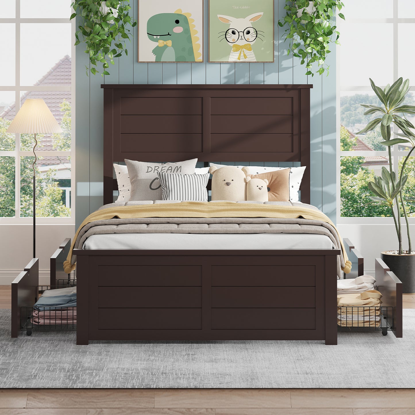 VANACC Farmhouse Bed Frame with Headboard and 4 Storage Drawers, Solid Wood Barn Door Platform Bed with Wood Slats, Heavy Duty Mattress Foundation, Non-Slip & Noise-Free
