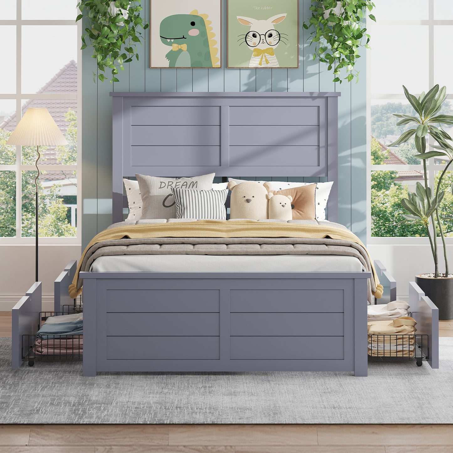 VANACC Farmhouse Bed Frame with Headboard and 4 Storage Drawers, Solid Wood Barn Door Platform Bed with Wood Slats, Heavy Duty Mattress Foundation, Non-Slip & Noise-Free