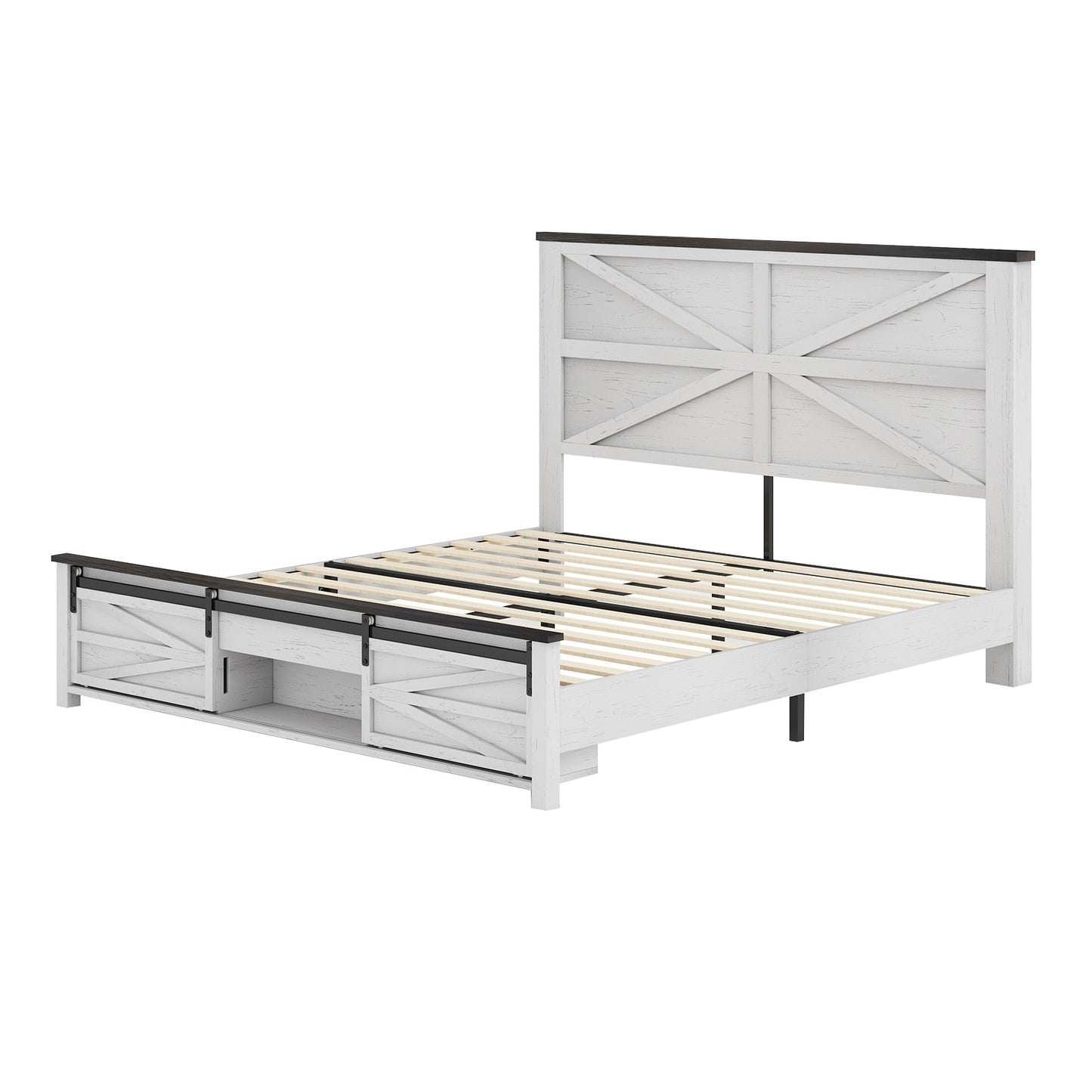 VANACC Farmhouse Wood Bed Frame with Sliding Barn Door Storage Cabinets and Headboard,Solid Wood Slats Support,No Squeak, No Box Spring Needed