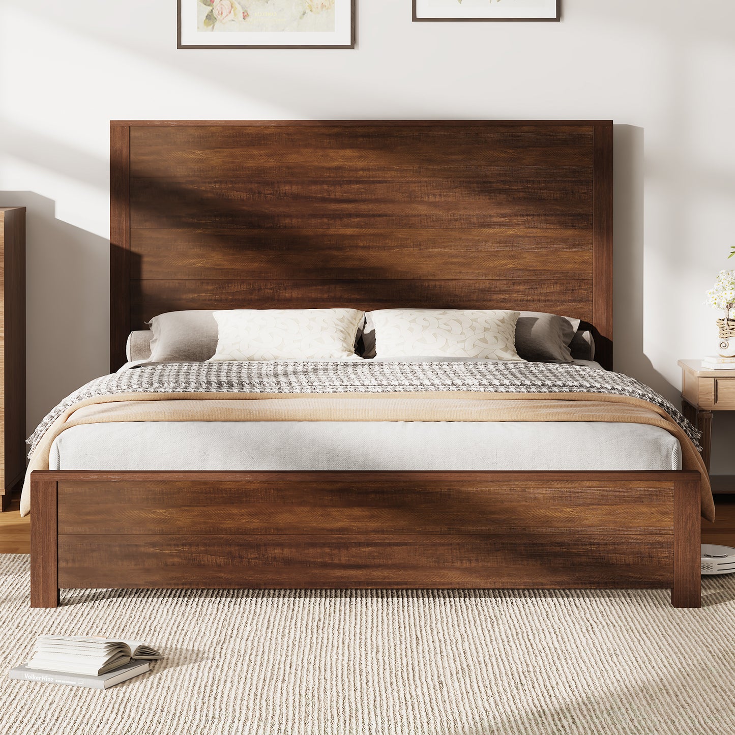 51.2" Wood Bed Frame, Rustic Platform Bed with Spliced Headboard, Wood Slats Support/Noiseless/No Box Spring Needed