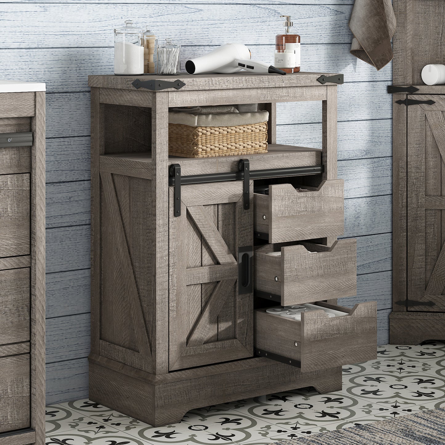 MERLUXY 24" Floor Cabinet, Farmhouse Storage Cabinet with 3 Drawers & Adjustable Shelf, Storage Cabinet with Sliding Barn Door for Bathroom, Kitchen, Living Room