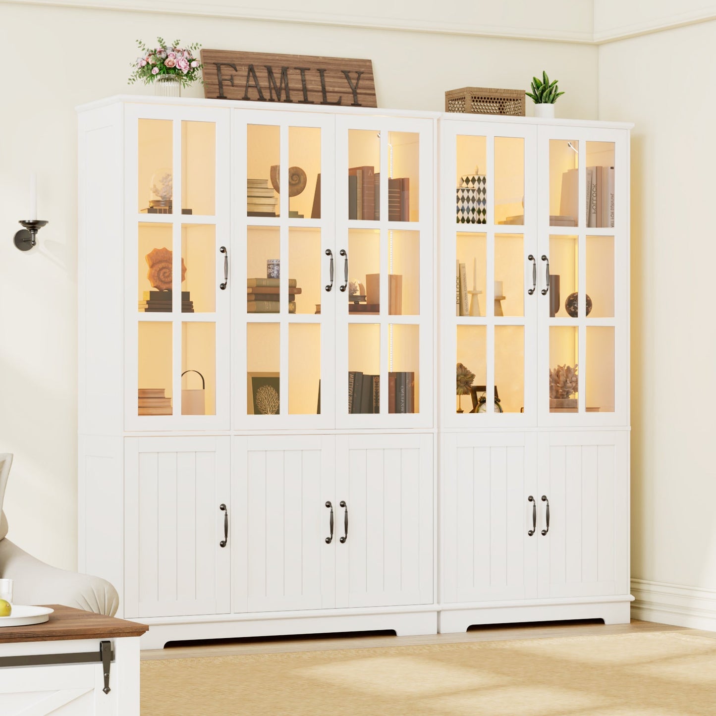 71" Tall Storage Cabinet with LED Lights, 5 Tier Large Modern Wood Kitchen Pantry with Acrylic Glass Doors & Shelves, Display Cabinet for Living room, Dining room, Bathroom