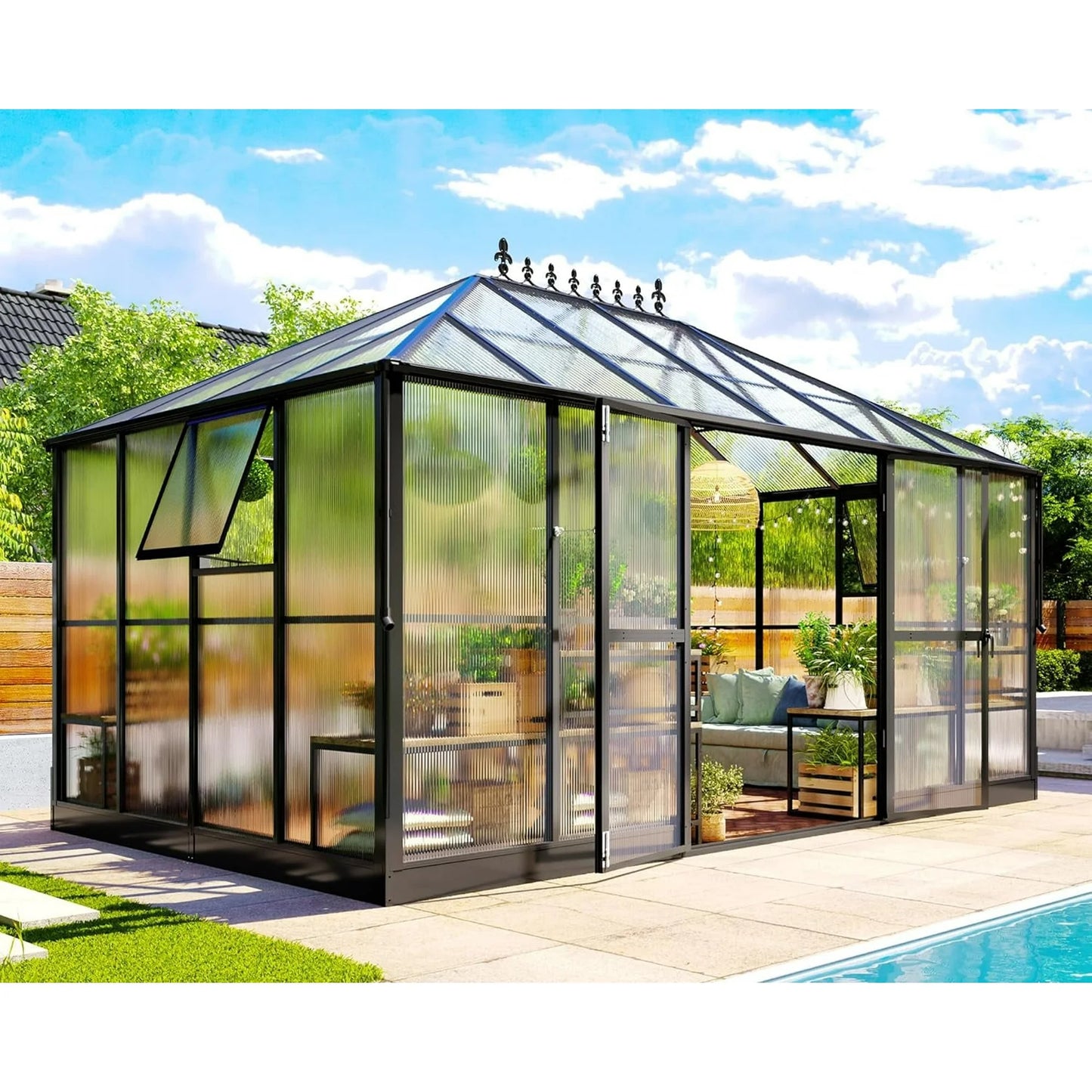 Jocisland 10x12 FT Polycarbonate Greenhouse with Rain Gutter & 4 Roof Vents, Heavy Duty Aluminum Greenhouse for Outdoor Garden Backyard, Black