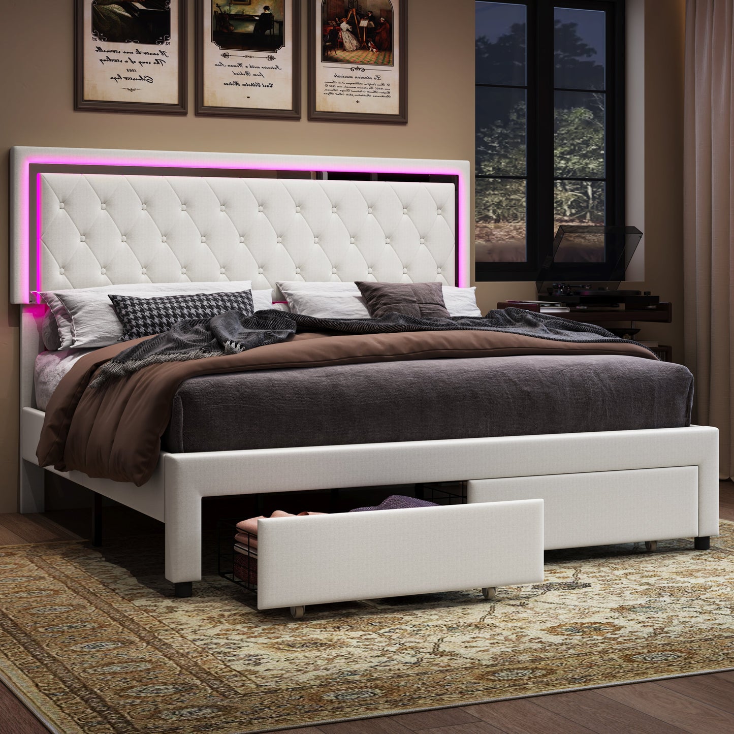 papajet Bed Frame with LED Lights&Storage Drawers,Velvet Upholstered Platform Bed,No Box Spring Needed