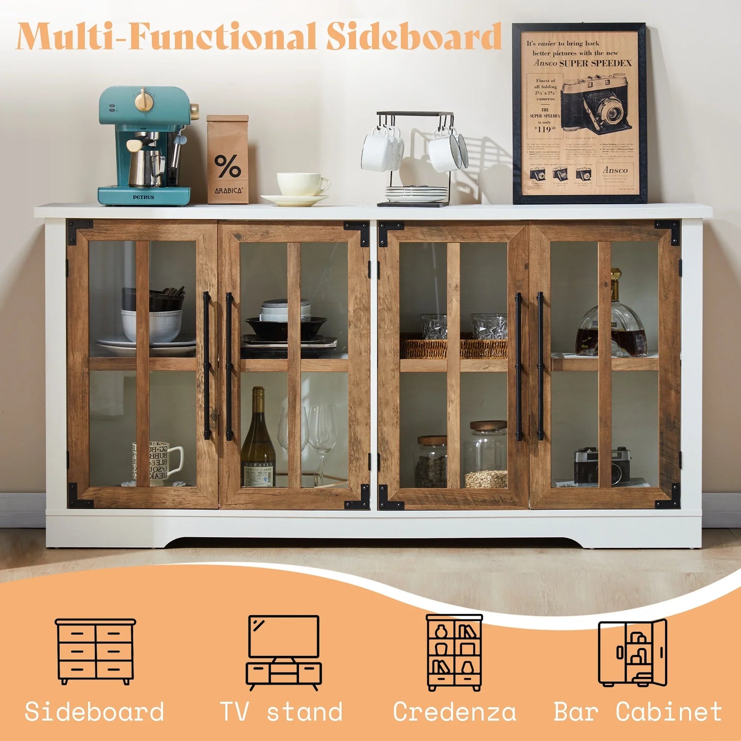 63" Buffet Sideboard Cabinet with Storage, Large Modern Farmhouse Cabinet with 4 Doors
