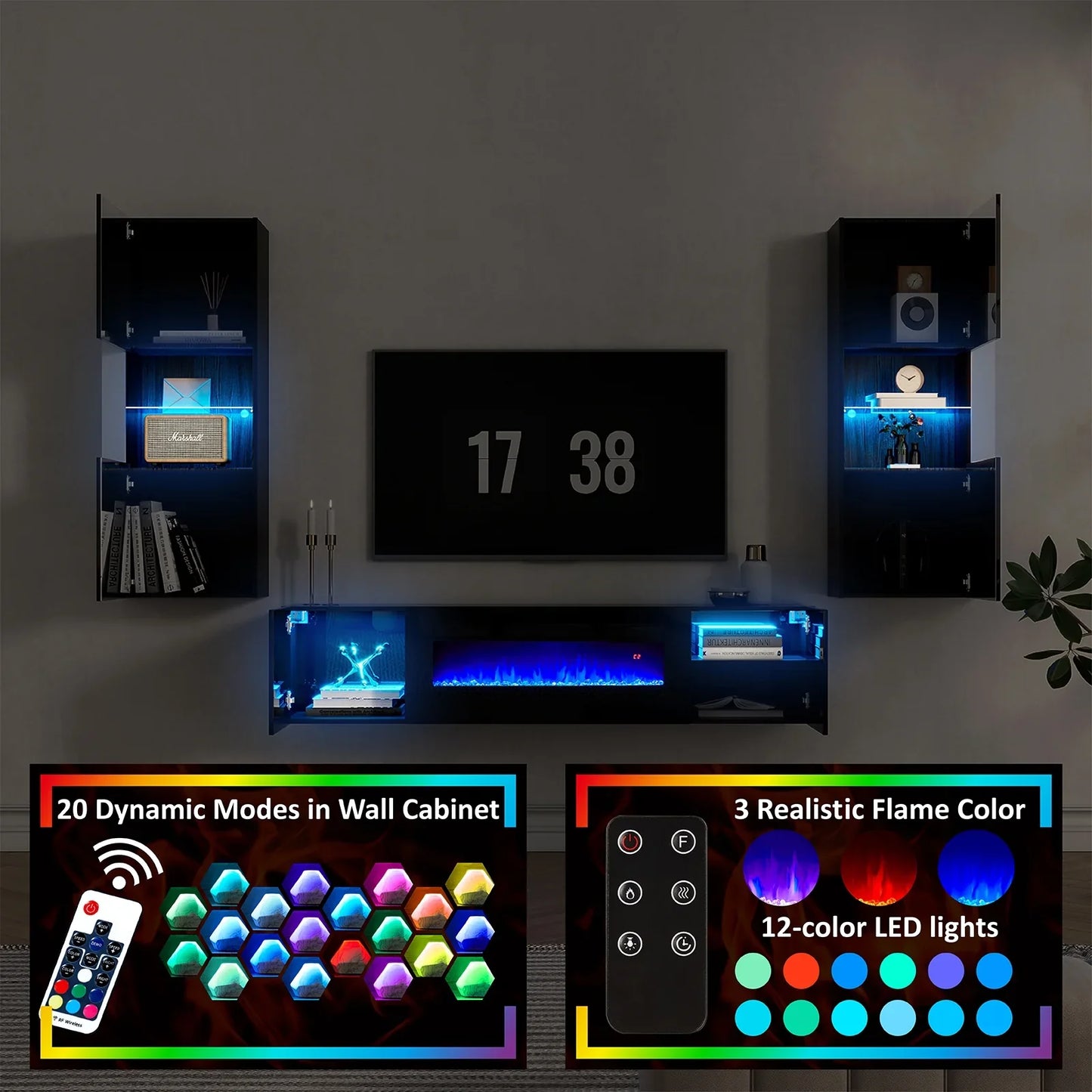 68" Floating Fireplace TV Stand, 2 x Wall Cabinets for Living Room, Black/White