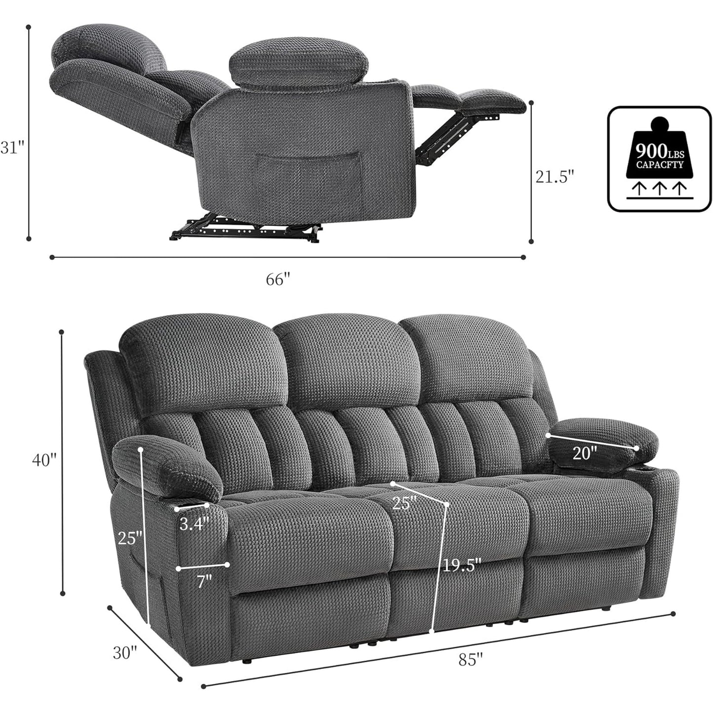 VANACC Recliner Couch, 3 Seater Sofa with Cup Holders for Living Room- 85 inch Grey Comfy Couch
