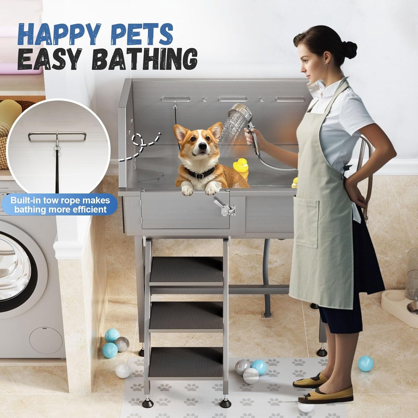 Jocisland 34 in Dog Washing Station, 304 Stainless Steel Pet Wash Station with 3 Flow Adjustable SJocislandrhead and Height, Professional Dog Bathtubs for Small Dogs (Left)