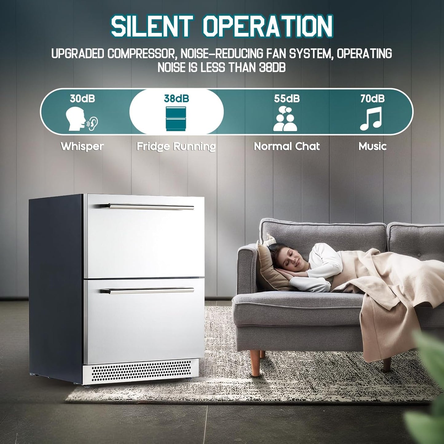 Jocisland 24" Under Counter Drawer Fridge, Stainless Steel Beverage Refrigerator, Dual Drawers, LED Control, Adjustable Storage, Frost-Free, Low Noise, 34-72℉, Indoor/Outdoor Use
