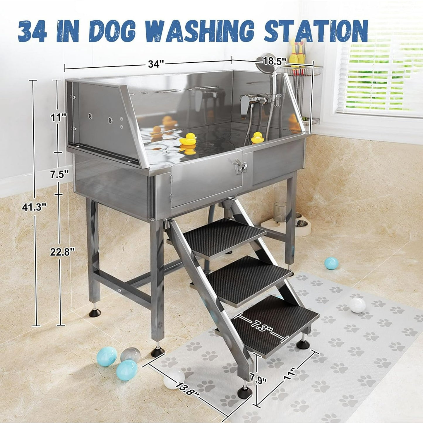 Jocisland 34 in Dog Washing Station, 304 Stainless Steel Pet Wash Station with 3 Flow Adjustable SJocislandrhead and Height, Professional Dog Bathtubs for Small Dogs (Left)