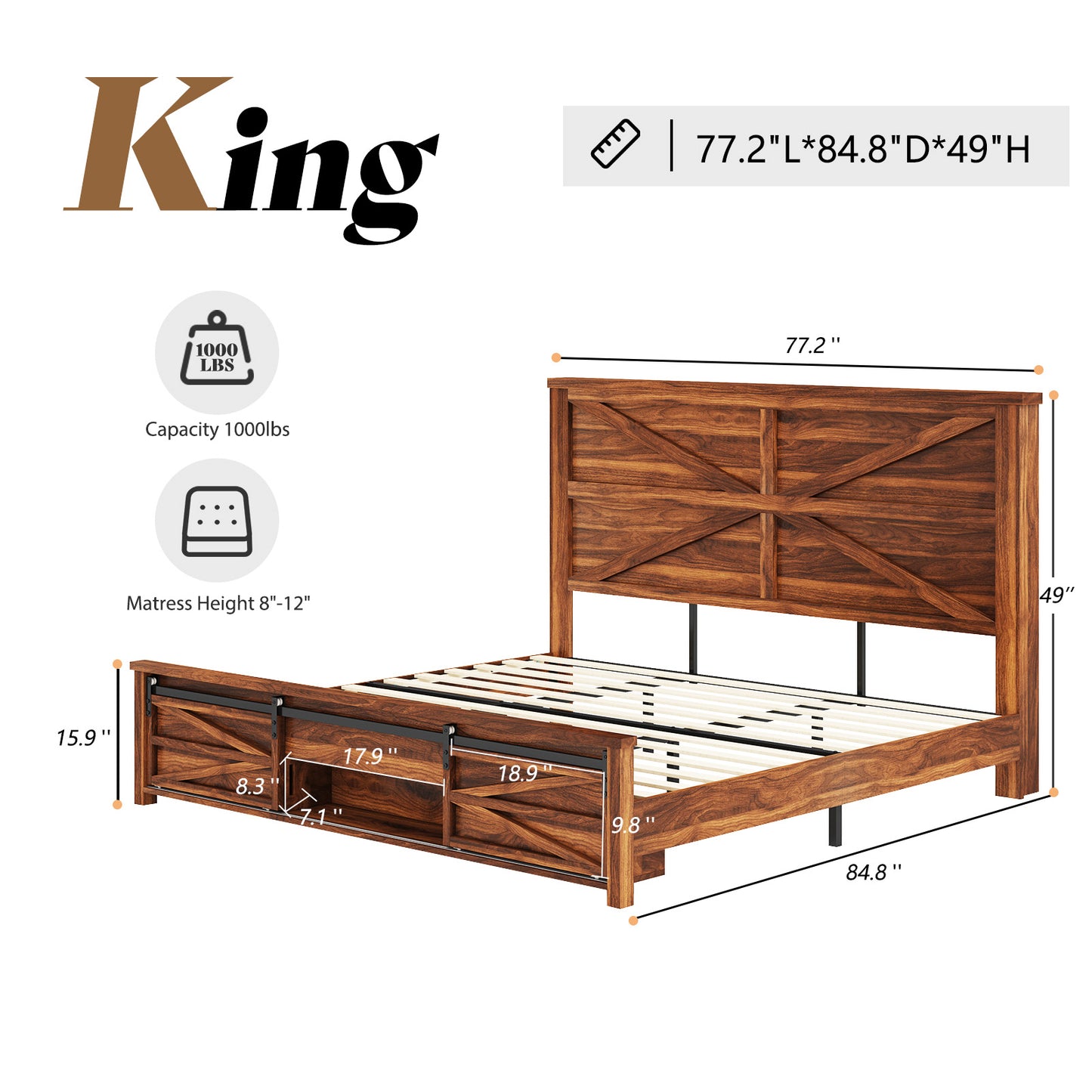 VANACC Farmhouse Wood Bed Frame with Sliding Barn Door Storage Cabinets and Headboard,Solid Wood Slats Support,No Squeak, No Box Spring Needed