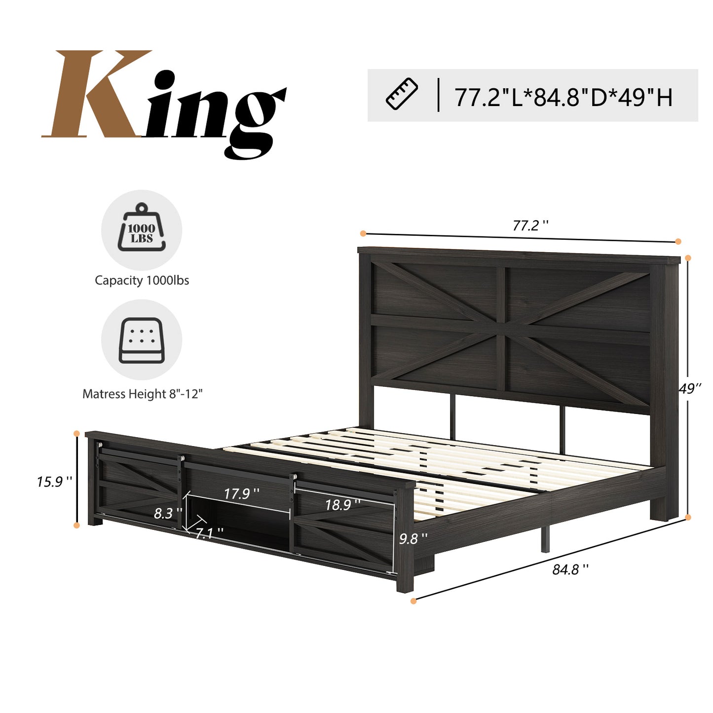 VANACC Farmhouse Wood Bed Frame with Sliding Barn Door Storage Cabinets and Headboard,Solid Wood Slats Support,No Squeak, No Box Spring Needed