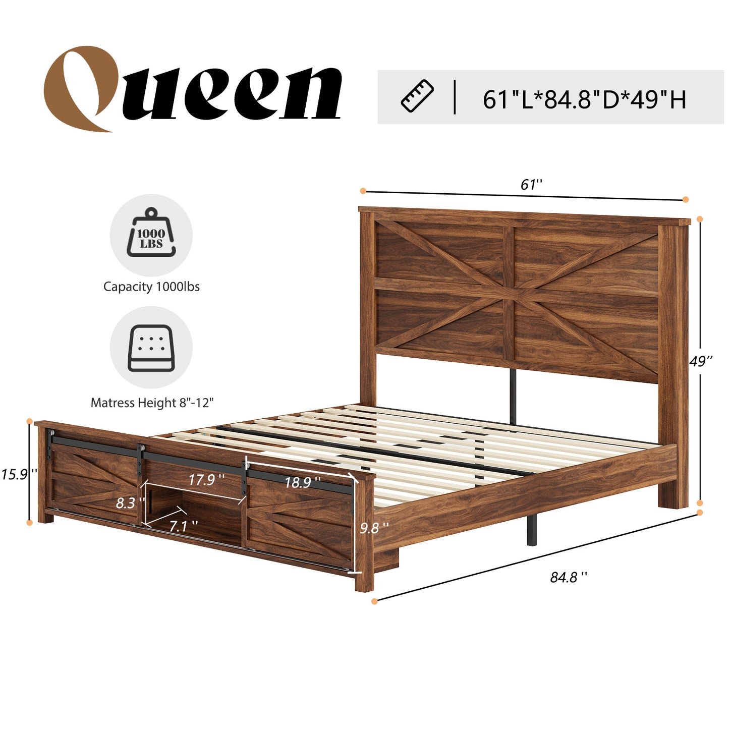 VANACC Farmhouse Wood Bed Frame with Sliding Barn Door Storage Cabinets and Headboard,Solid Wood Slats Support,No Squeak, No Box Spring Needed