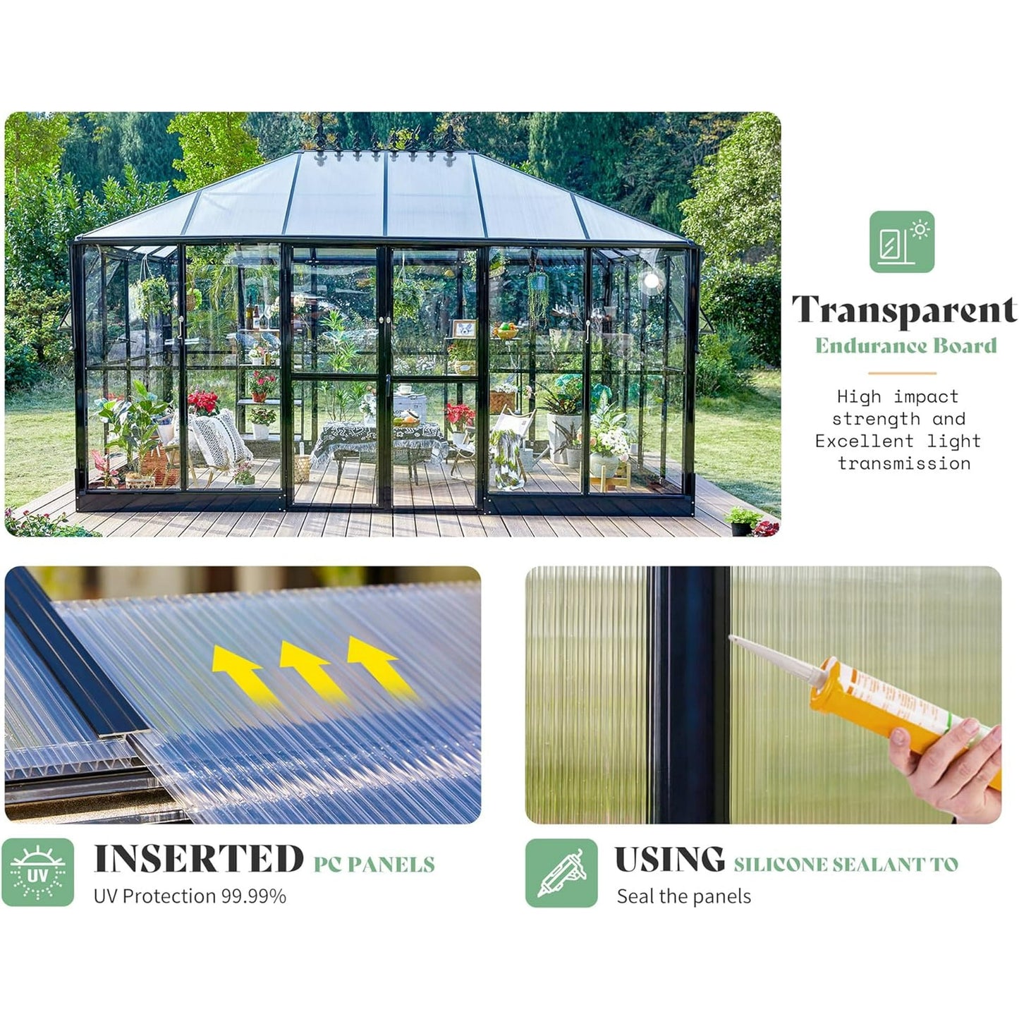 Jocisland 14x9.5x9 ft Hybrid Polycarbonate Greenhouse Quick Connector Fast Assembly Black
