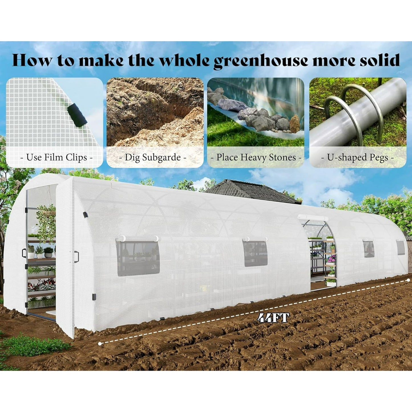 44x10x7.5 ft Outdoor Tunnel Greenhouse, Ships in 2 Packages, with Swing Door, Premium PE Cover, Film Clips, White, Clear Cover Patter