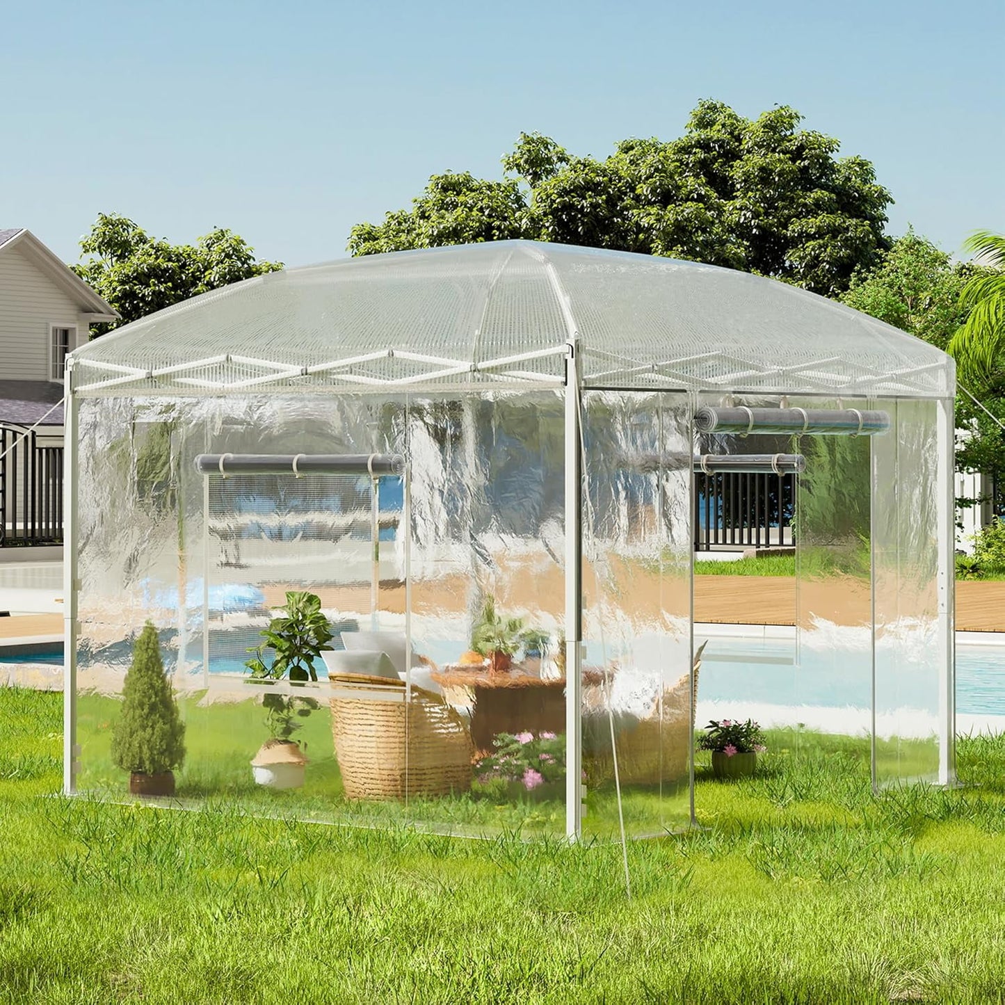 Jocisland 9.7x9.7×8.5 FT Upgraded Pop-up Greenhouses for Outdoors Indoor with Adjustable Reinforced Frame, Portable Walk in Green house with Roll-up Zipper Door, Windows and PE Cover, White