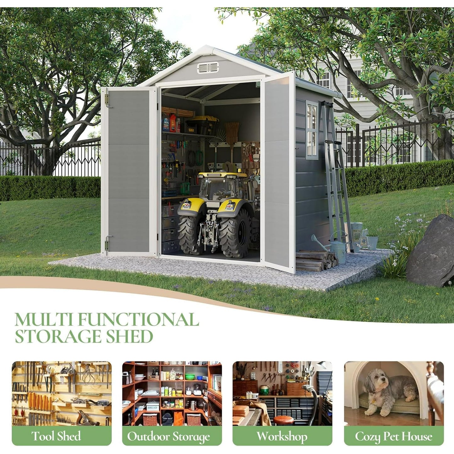 5.5 x 4.4 ft Resin Storage Shed with Floor, Tool Shed Outdoor Storage with Vents, Window, and Stainless Steel Cores, for Lawnmowers/Bicycles/Pool Supplies, Grey