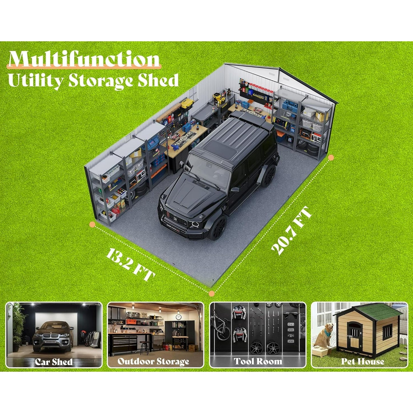 Jocisland 13.2x21x8 FT Outdoor Storage Shed, Huge Metal Garage Shed with 2 Double Hinged Doors and 4 Windows, Carport for Car, Bike, Truck, Garbage Can and Lawnmower, Dark Grey