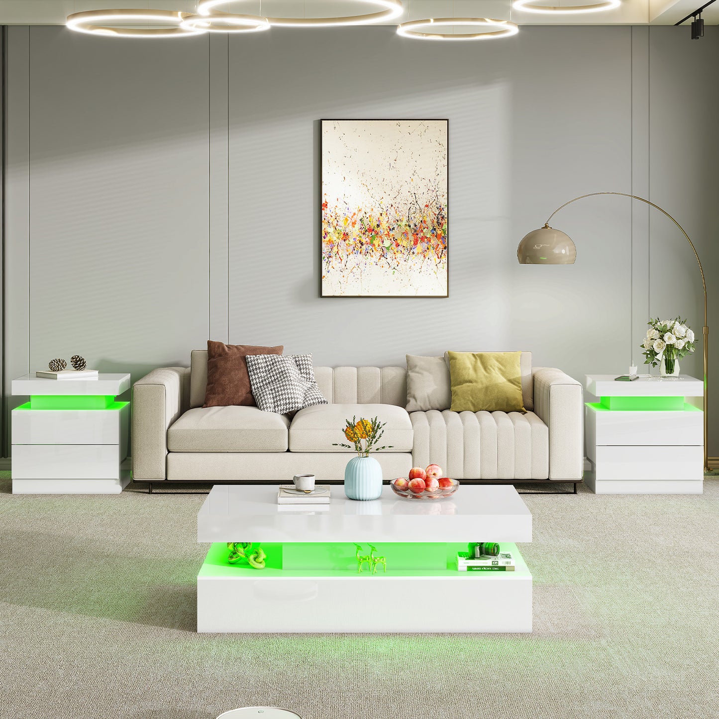 AMERLIFE High Gloss 3 Pieces Living Room Table Set, Modern LED Coffee Table Sets of 3, 2-tier Center Table with 2 End Side Tables, LED Lights Bedside Table Nightstands with Charging Station, Black