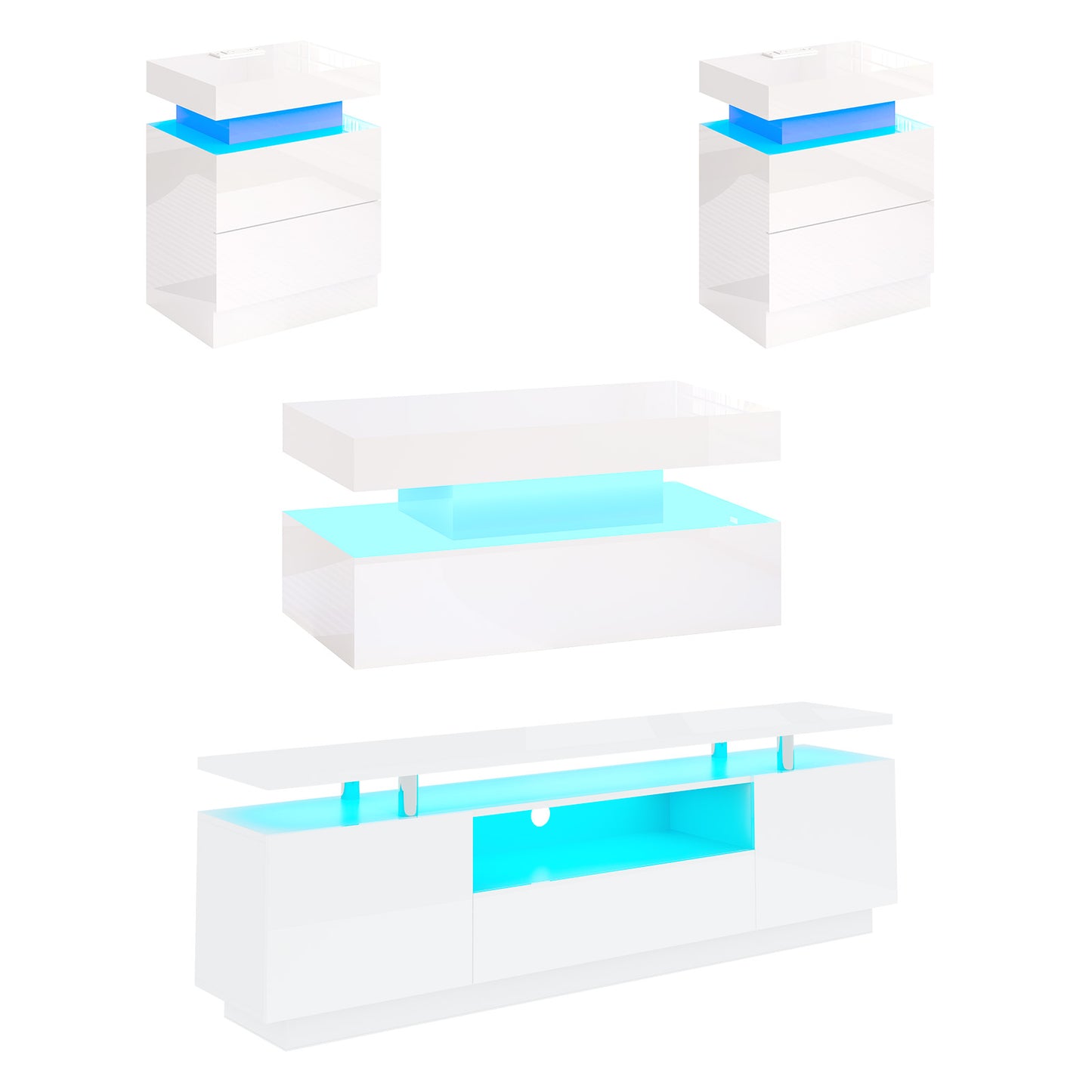 4-Piece Living Room Table Set Includes Modern 70" TV Stand, Coffee Table and Nightstands Set of 2 with LED Lights, High Glossy Coffee Table Set for Bedroom & Office, White
