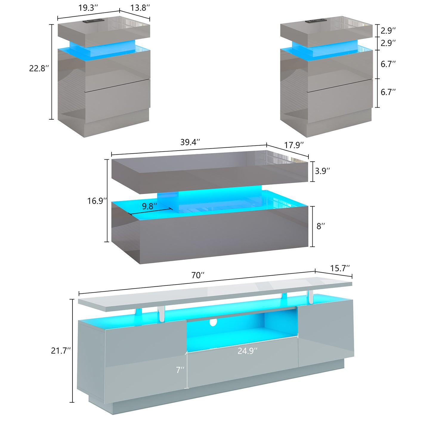 4-Piece Living Room Table Set Includes Modern 70" TV Stand, Coffee Table and Nightstands Set of 2 with LED Lights, High Glossy Coffee Table Set for Bedroom & Office, White