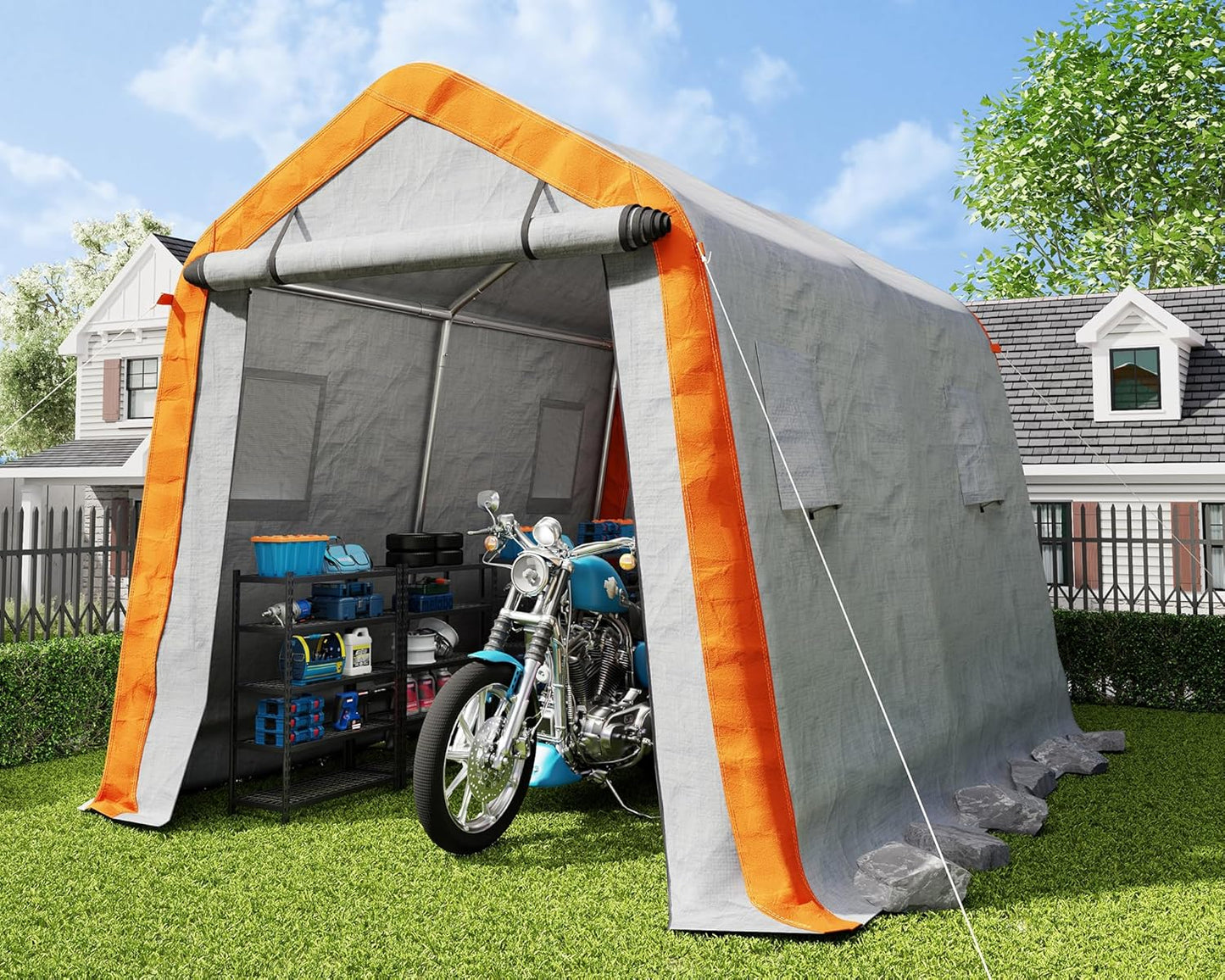 LUXOAK 6x8x6.6 ft Heavy Duty Portable Shed Storage Shelter, Outdoor Storage Shed with Roll-up Zipper Door & 2 Waterproof Windows, Carport for Motorcycle, Bike, Grey