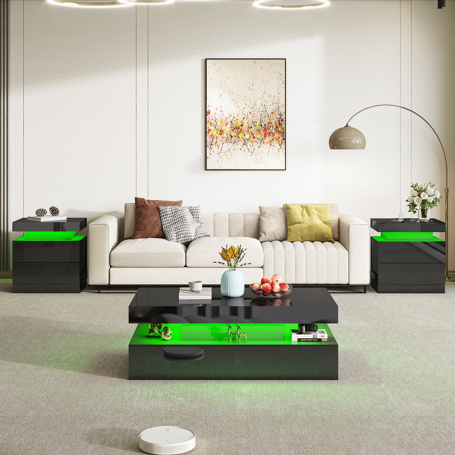 AMERLIFE High Gloss 3 Pieces Living Room Table Set, Modern LED Coffee Table Sets of 3, 2-tier Center Table with 2 End Side Tables, LED Lights Bedside Table Nightstands with Charging Station, Black