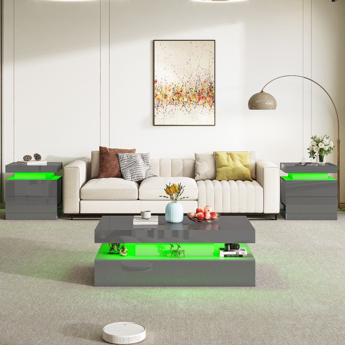 AMERLIFE High Gloss 3 Pieces Living Room Table Set, Modern LED Coffee Table Sets of 3, 2-tier Center Table with 2 End Side Tables, LED Lights Bedside Table Nightstands with Charging Station, Black