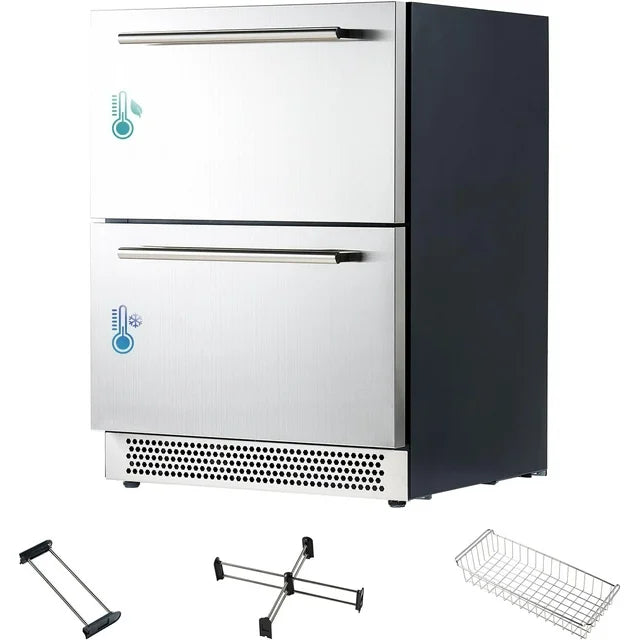 Jocisland 24" Under Counter Drawer Fridge, Stainless Steel Beverage Refrigerator, Dual Drawers, LED Control, Adjustable Storage, Frost-Free, Low Noise, 34-72℉, Indoor/Outdoor Use
