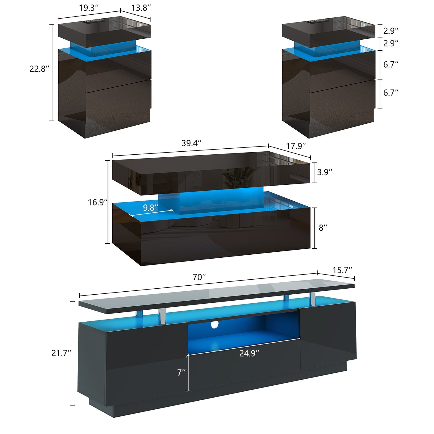 4-Piece Living Room Table Set Includes Modern 70" TV Stand, Coffee Table and Nightstands Set of 2 with LED Lights, High Glossy Coffee Table Set for Bedroom & Office, White