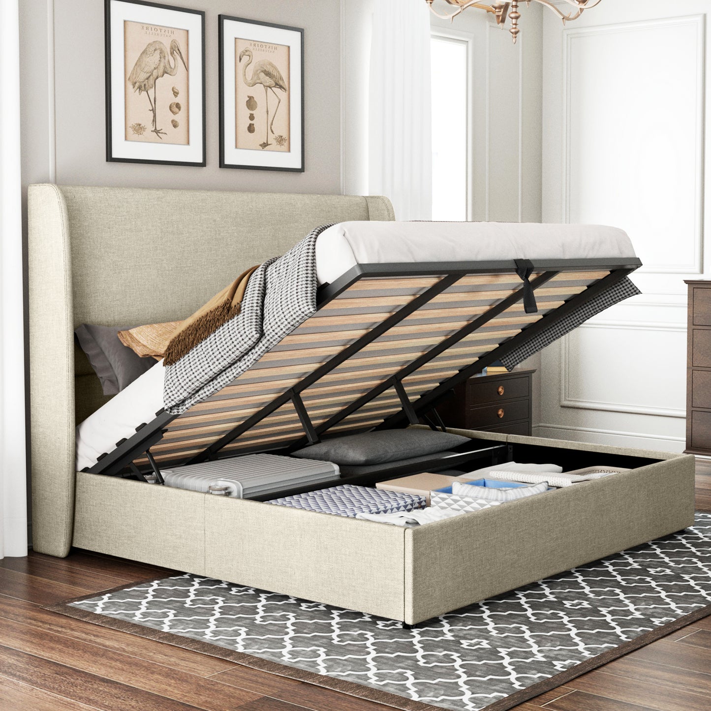 Jocisland Upholstered Platform Bed Frame with Hydraulic Lift Storage, Wingback Headboard, Wood Slats Support, No Box Spring Needed