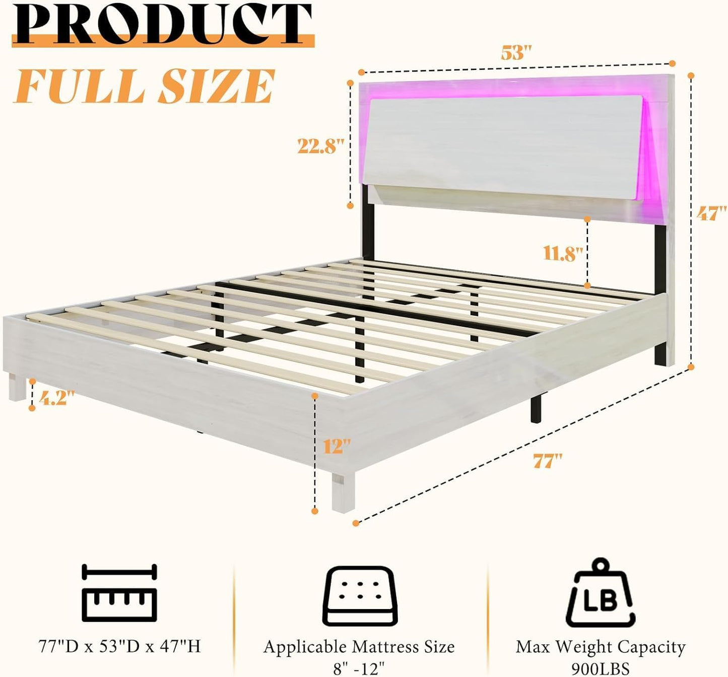 Platform Bed Frame with Smart RGBW LED Lights, High Gloss Wooden Bed Frame with Floating Ergonomic Headboard, Slats Support/No Box Spring Needed