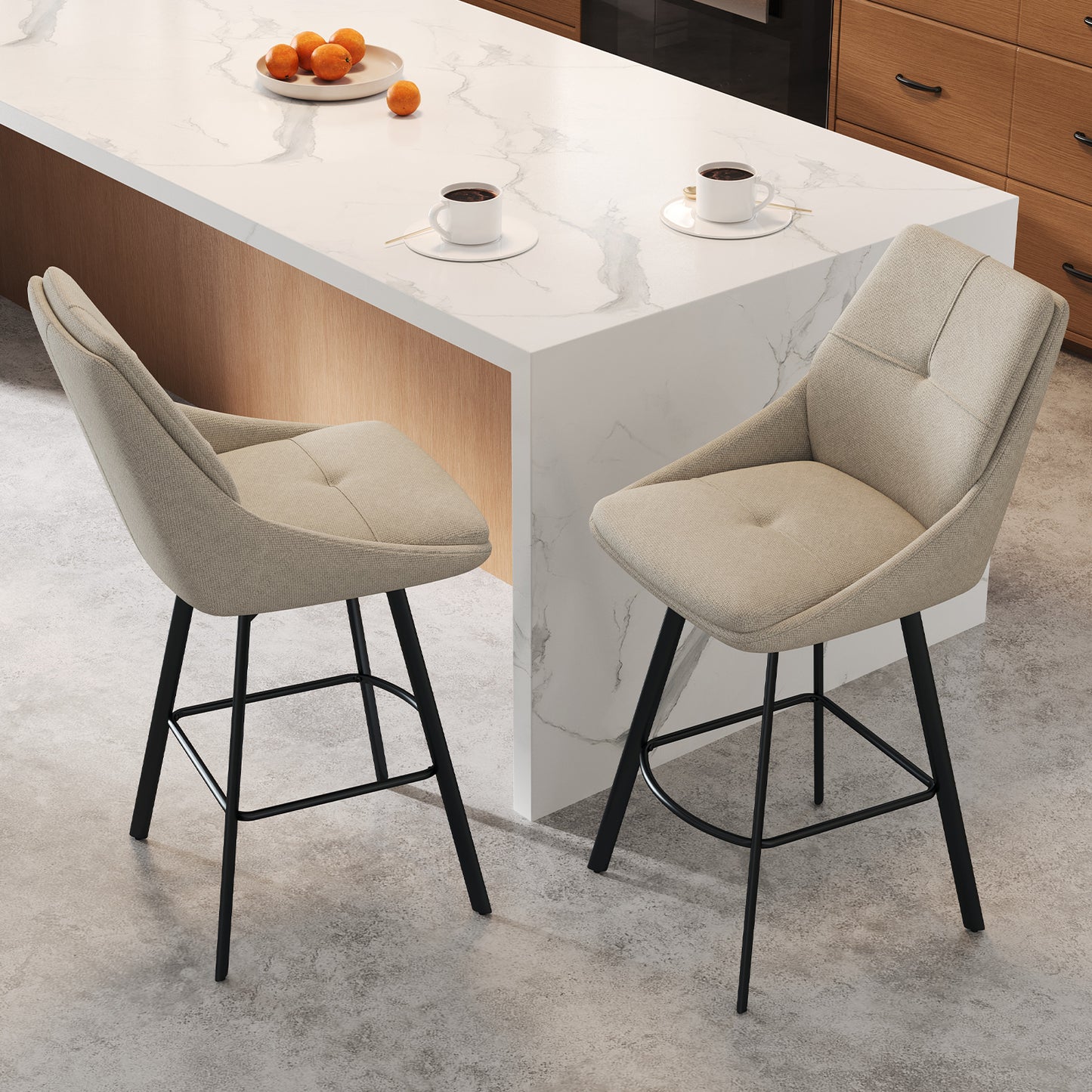 Melucy Counter Height Bar Stools Set of 2, 360° Swivel Bar Stools with Curved Back and Large Seat Cushion, 41" Tall Linen Bar Chair with Metal Footrest, Modern Barstools for Kitchen Island, Black