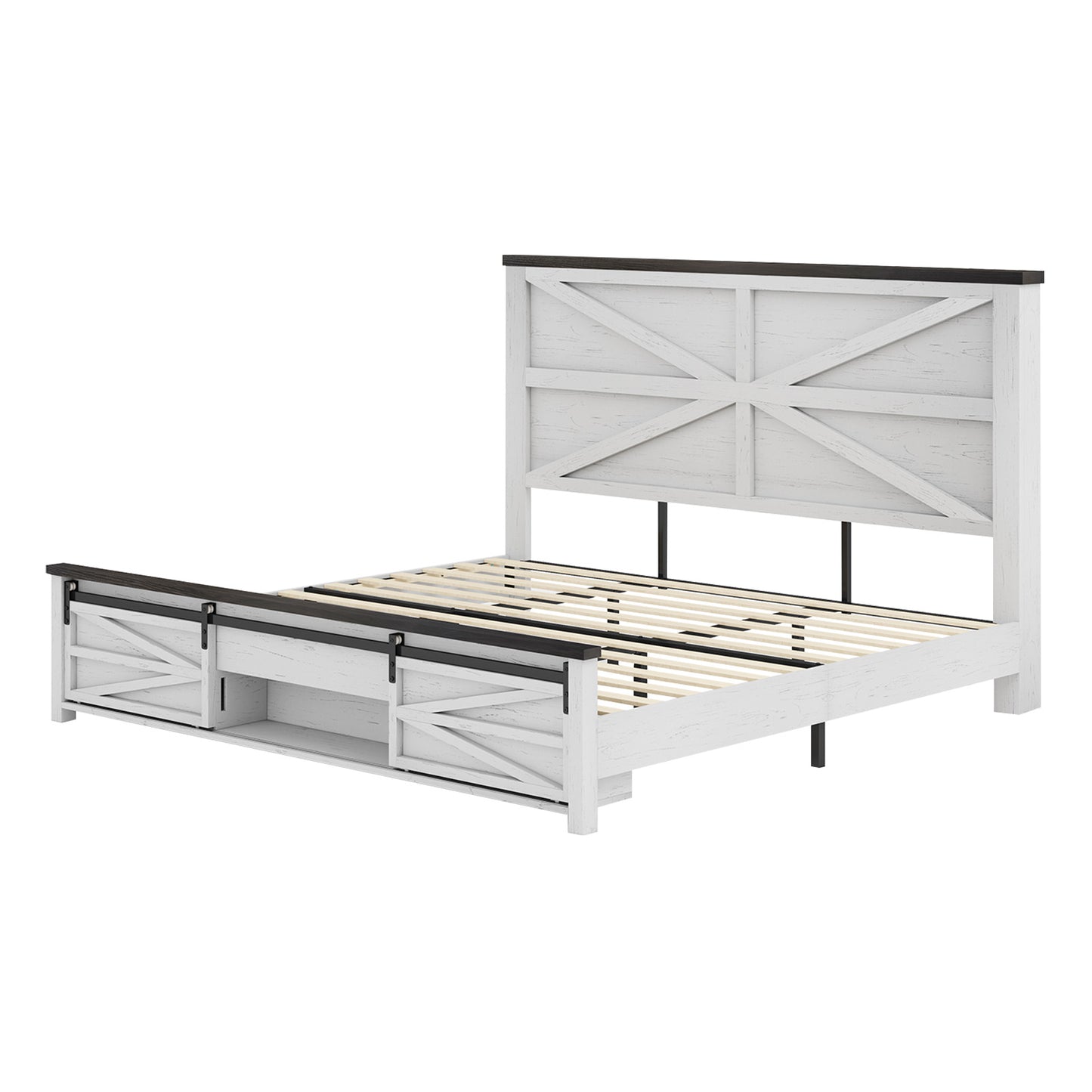 VANACC Farmhouse Wood Bed Frame with Sliding Barn Door Storage Cabinets and Headboard,Solid Wood Slats Support,No Squeak, No Box Spring Needed