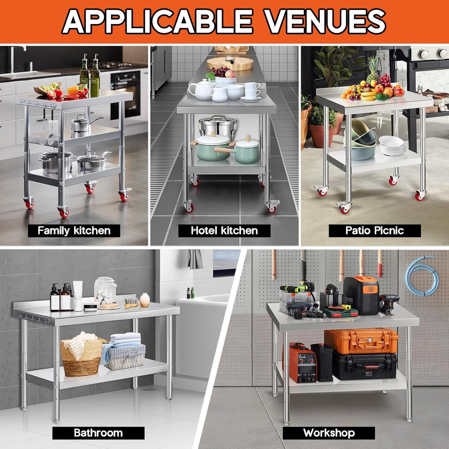Jocisland 24x36in Stainless Steel Table, Kitchen Prep Table with Adjustable Undershelf, NSF Certified Metal Surface (Includes Wheels & Backsplash) for Home Kitchen, Restaurant, Hotel, and Garage