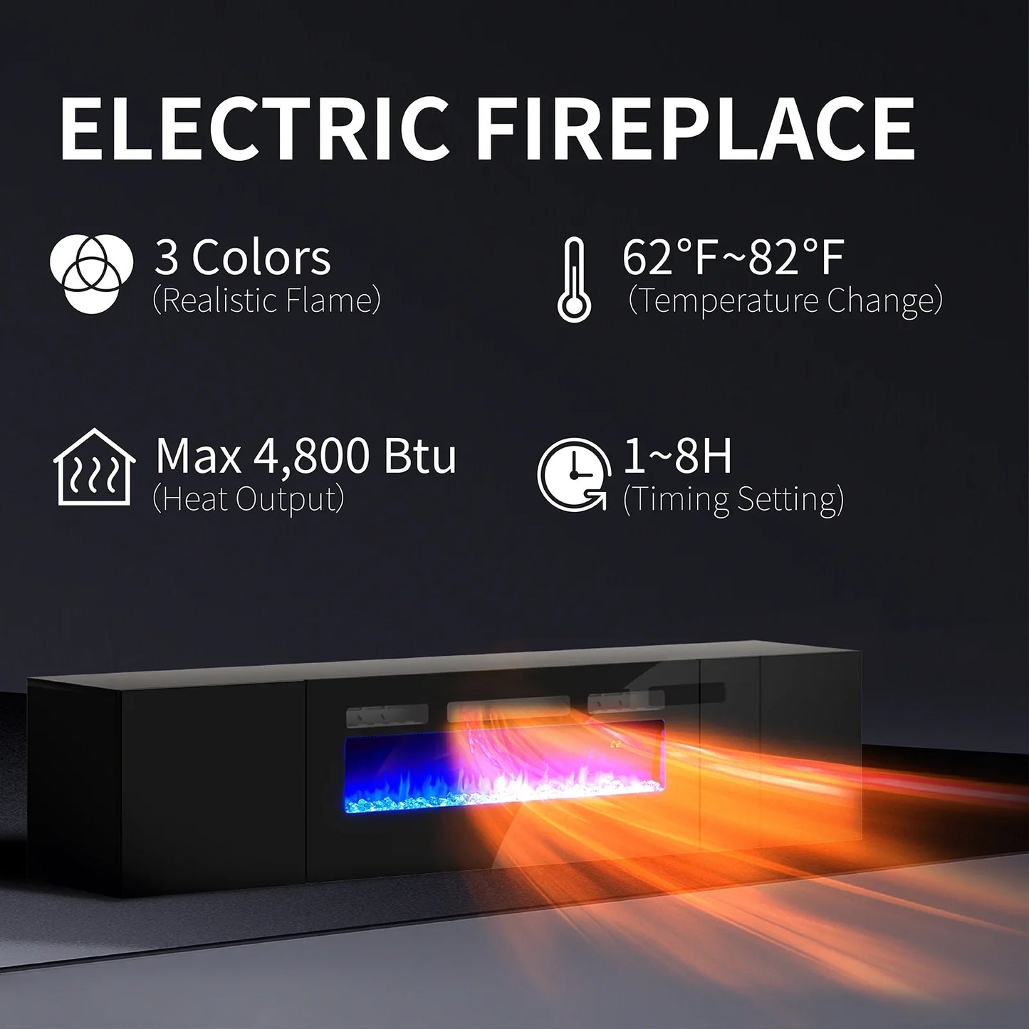 68" Floating Fireplace TV Stand, 2 x Wall Cabinets for Living Room, Black/White