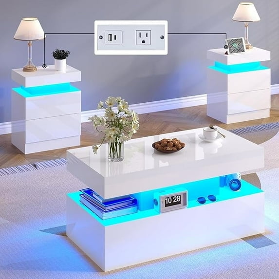 VANACC 3 Piece Living Room Table Set, Modern High Gloss Coffee Table Set with LED Light, 2 End Side Tables with Charging Station for Living Room,White