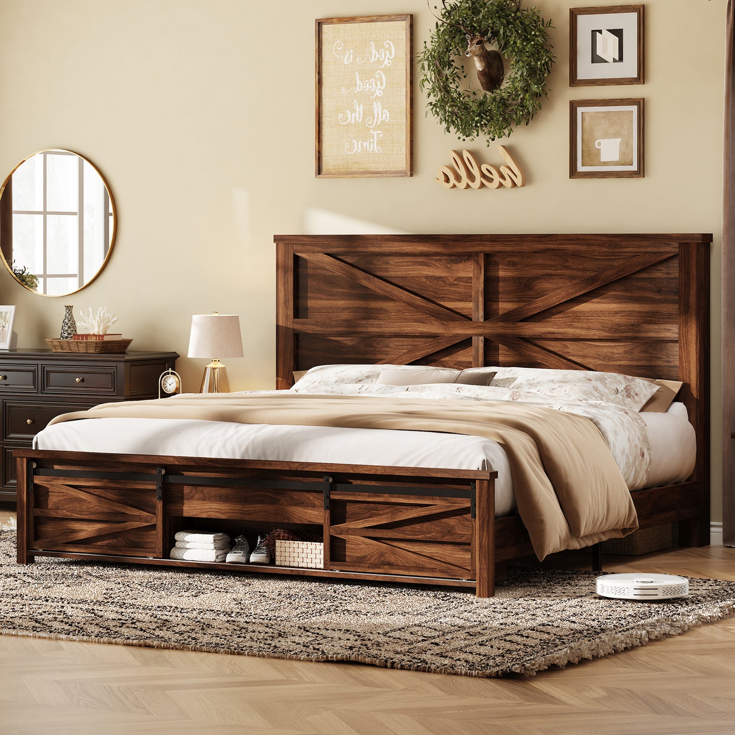 VANACC Farmhouse Wood Bed Frame with Sliding Barn Door Storage Cabinets and Headboard,Solid Wood Slats Support,No Squeak, No Box Spring Needed