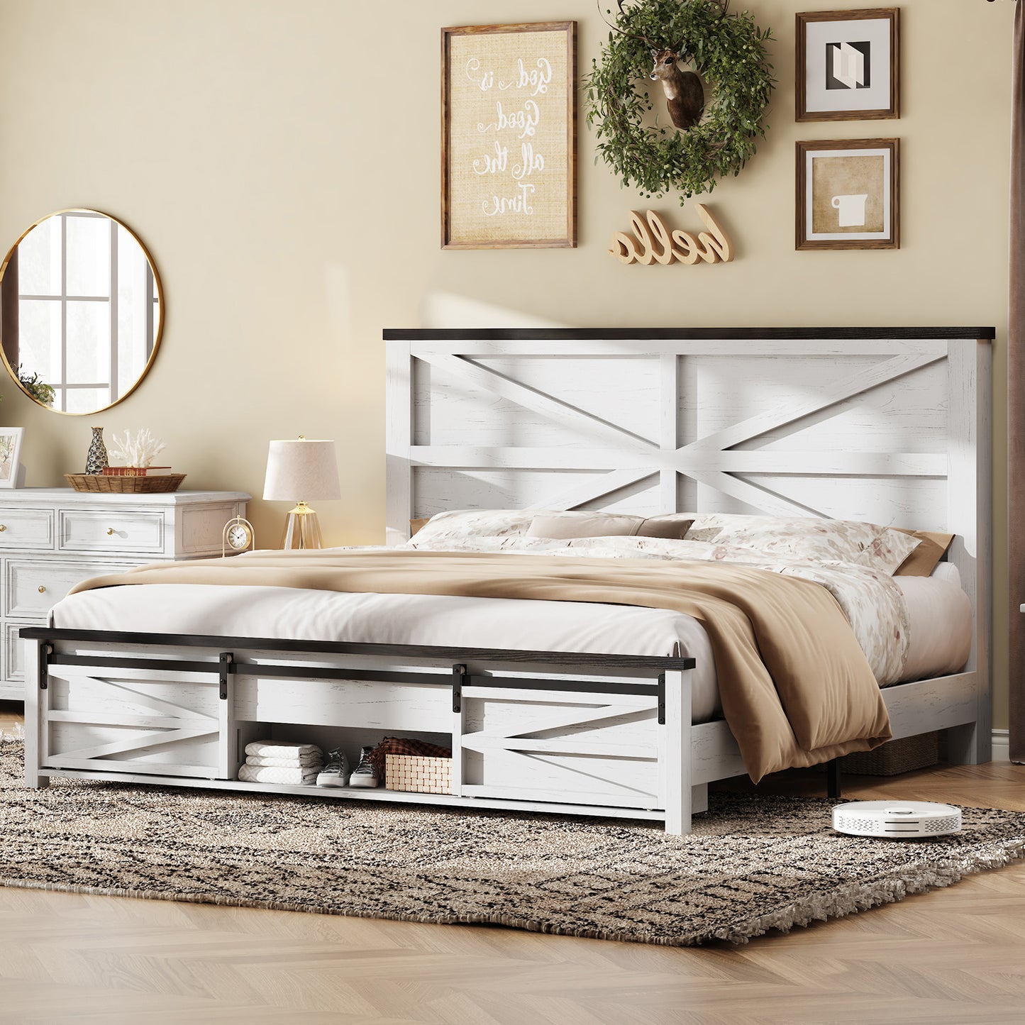 VANACC Farmhouse Wood Bed Frame with Sliding Barn Door Storage Cabinets and Headboard,Solid Wood Slats Support,No Squeak, No Box Spring Needed