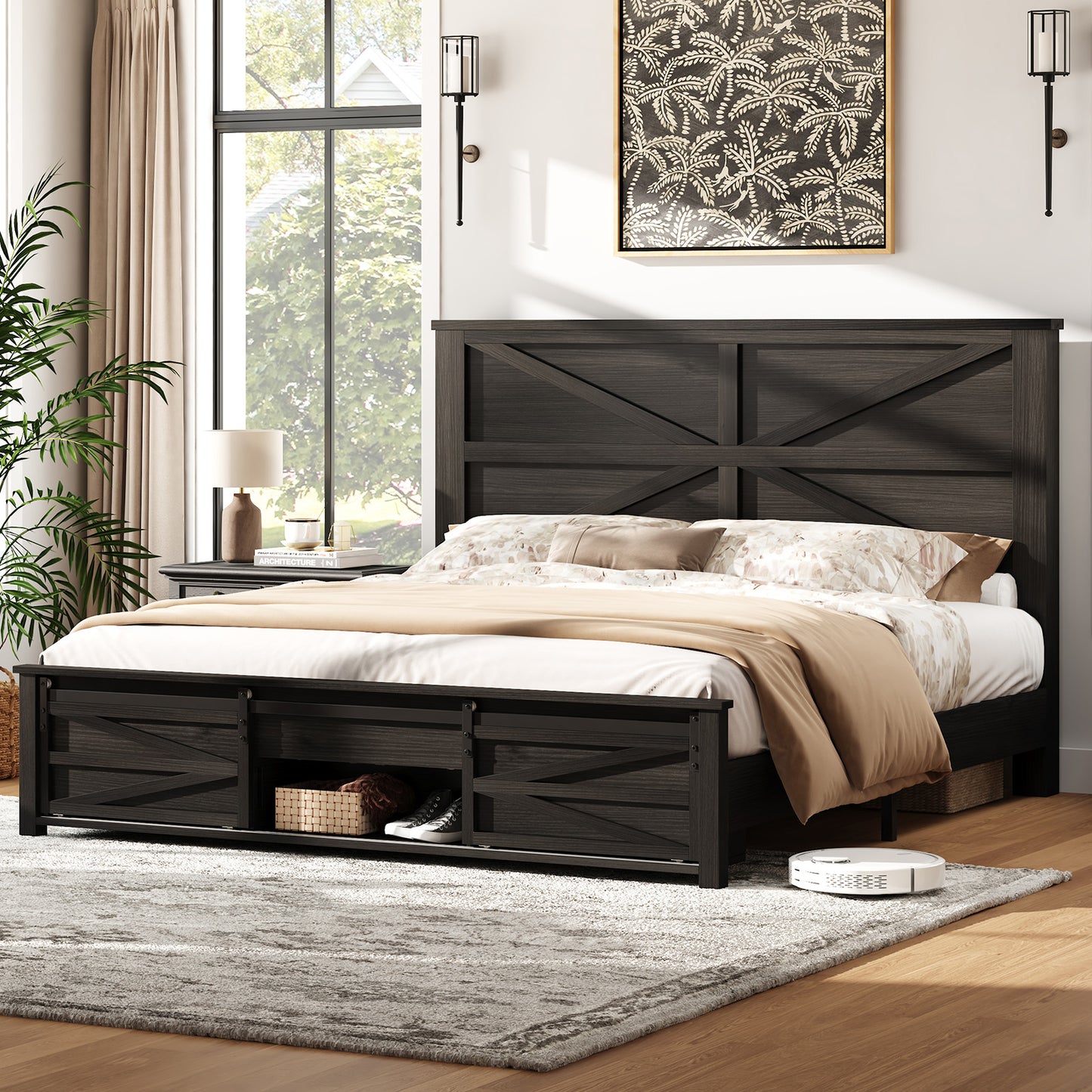 VANACC Farmhouse Wood Bed Frame with Sliding Barn Door Storage Cabinets and Headboard,Solid Wood Slats Support,No Squeak, No Box Spring Needed