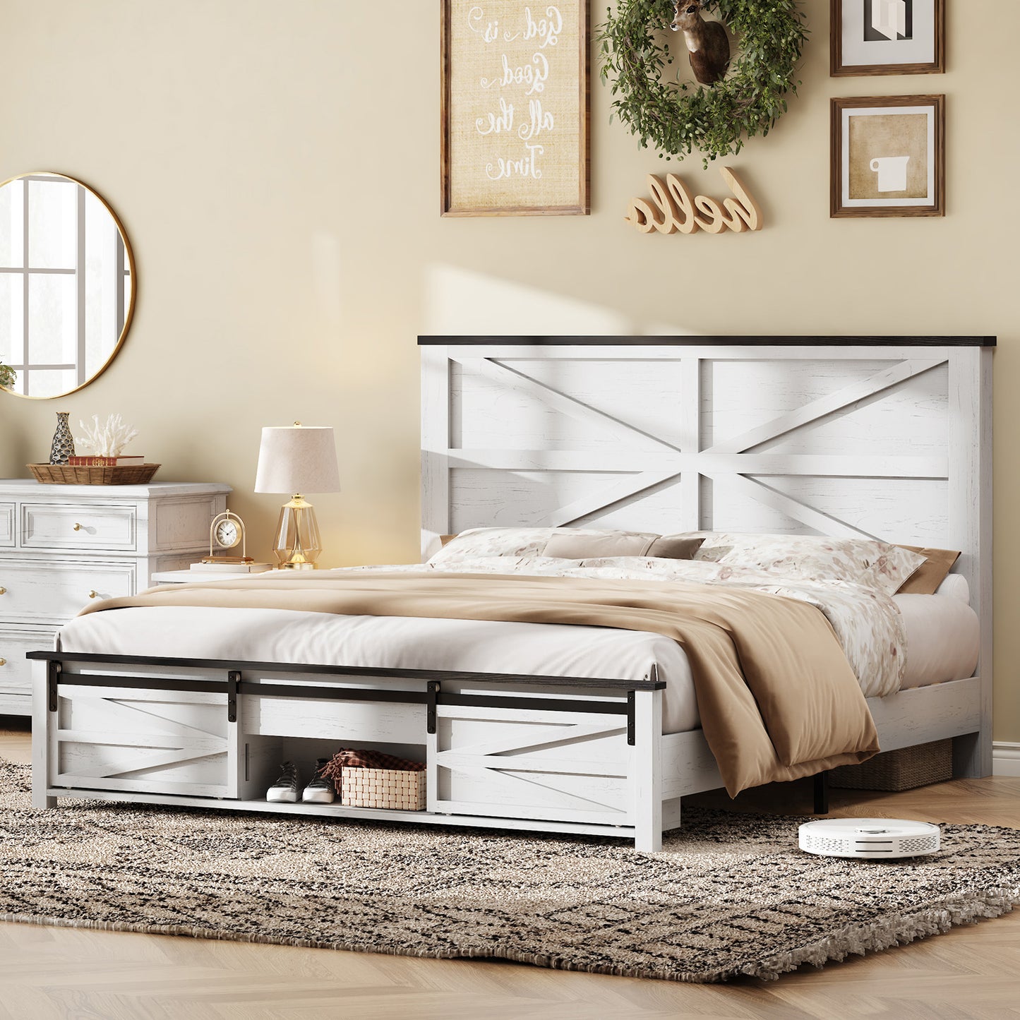 VANACC Farmhouse Wood Bed Frame with Sliding Barn Door Storage Cabinets and Headboard,Solid Wood Slats Support,No Squeak, No Box Spring Needed