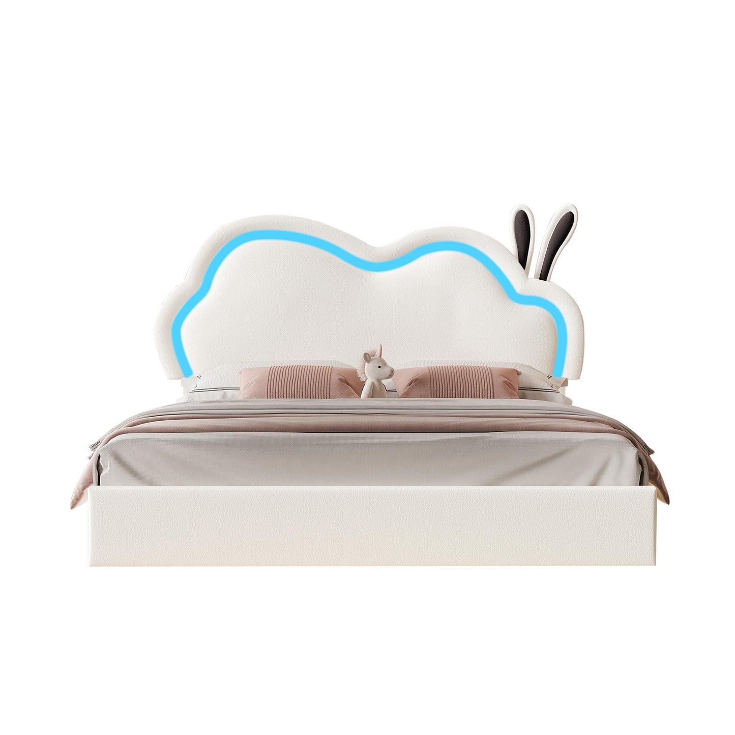 Jocisland LED Queen Bed Frame for Girls Upholstered Floating Bed with Cute Cloud Headboard, No Box Spring Needed, Leather, White