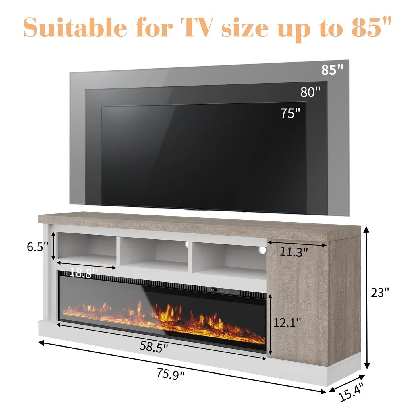 75” Fireplace TV stand with 60” Electric Fireplace, Chunky Entertainment Center with Wood Grain, Color Clash Entertainment Stand for TVs up to 85”, White&Grey