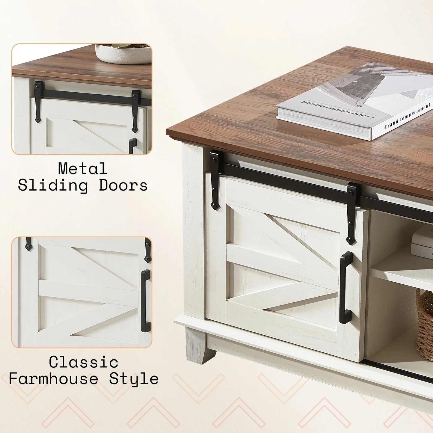 Farmhouse Coffee Table with Storage Sliding Barn Doors, Antique White