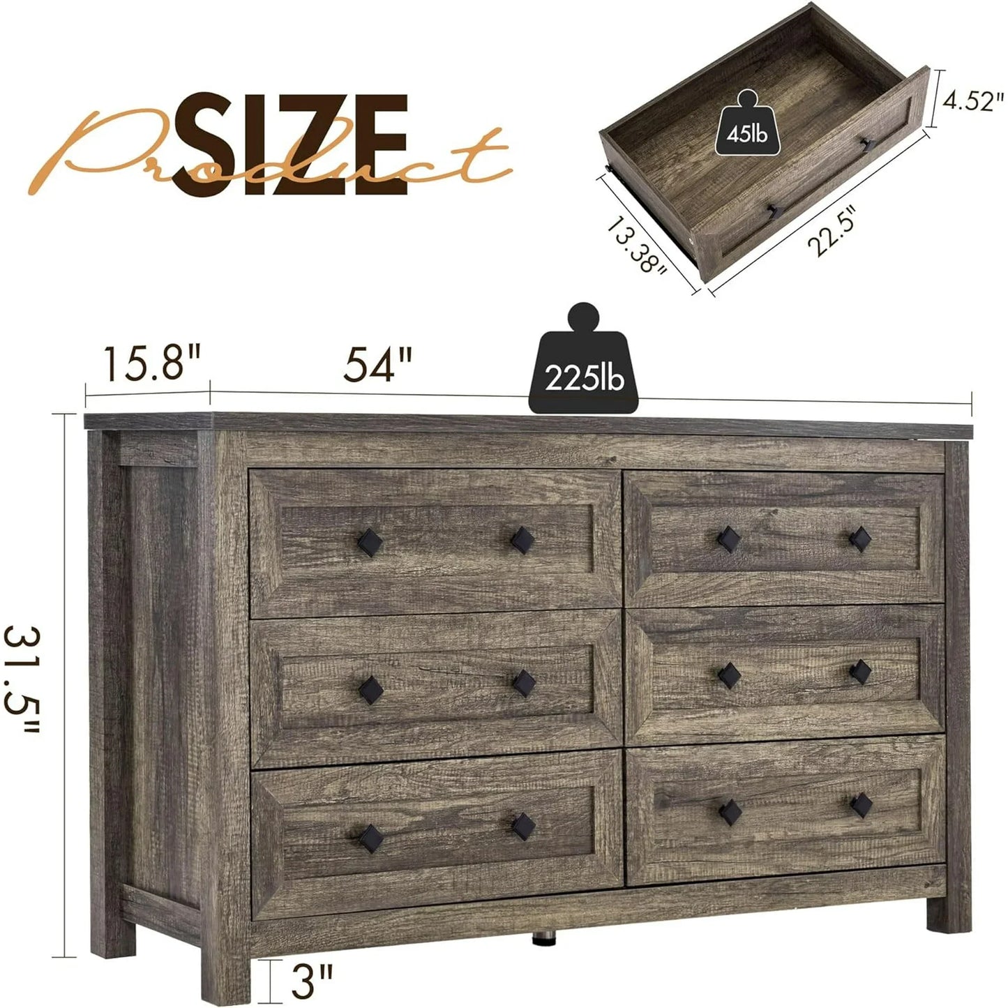 6 Drawers Dresser for Bedroom, Farmhouse Wood Chest of Drawers for Adult Cloth Storage