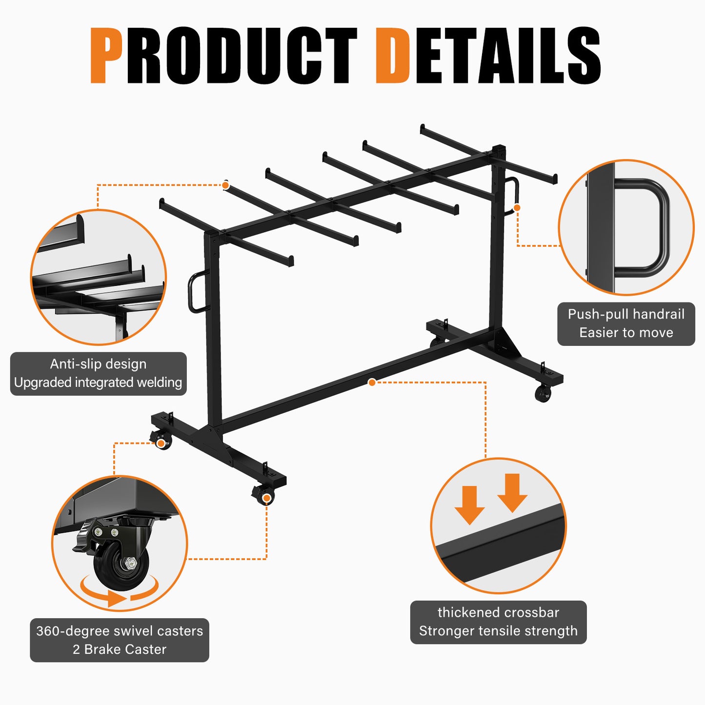 Jocisland Folding Chair Rack, Holds 12 Tables or 42 Chairs, 550 lbs Capacity, Heavy-Duty Cart with Wheels, Elastic Cords, Cover, Glossy Black