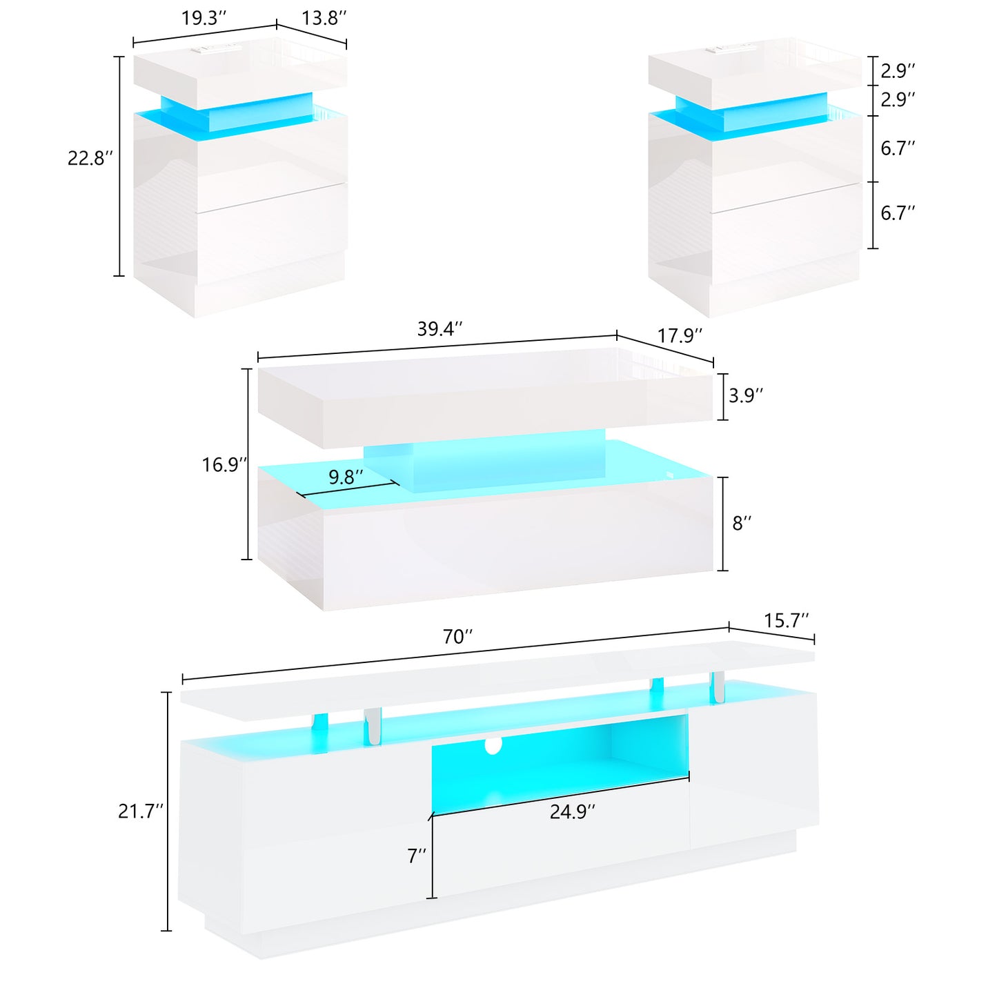 4-Piece Living Room Table Set Includes Modern 70" TV Stand, Coffee Table and Nightstands Set of 2 with LED Lights, High Glossy Coffee Table Set for Bedroom & Office, White